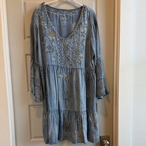 Kyla Seo Hand Embroidered Denim Long Bell Sleeve Dress